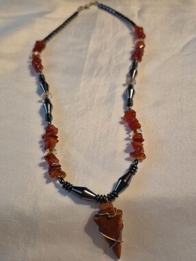 Mens Arrow Head Goldstone and Orange Chip Bead Necklace with Hematite Accents